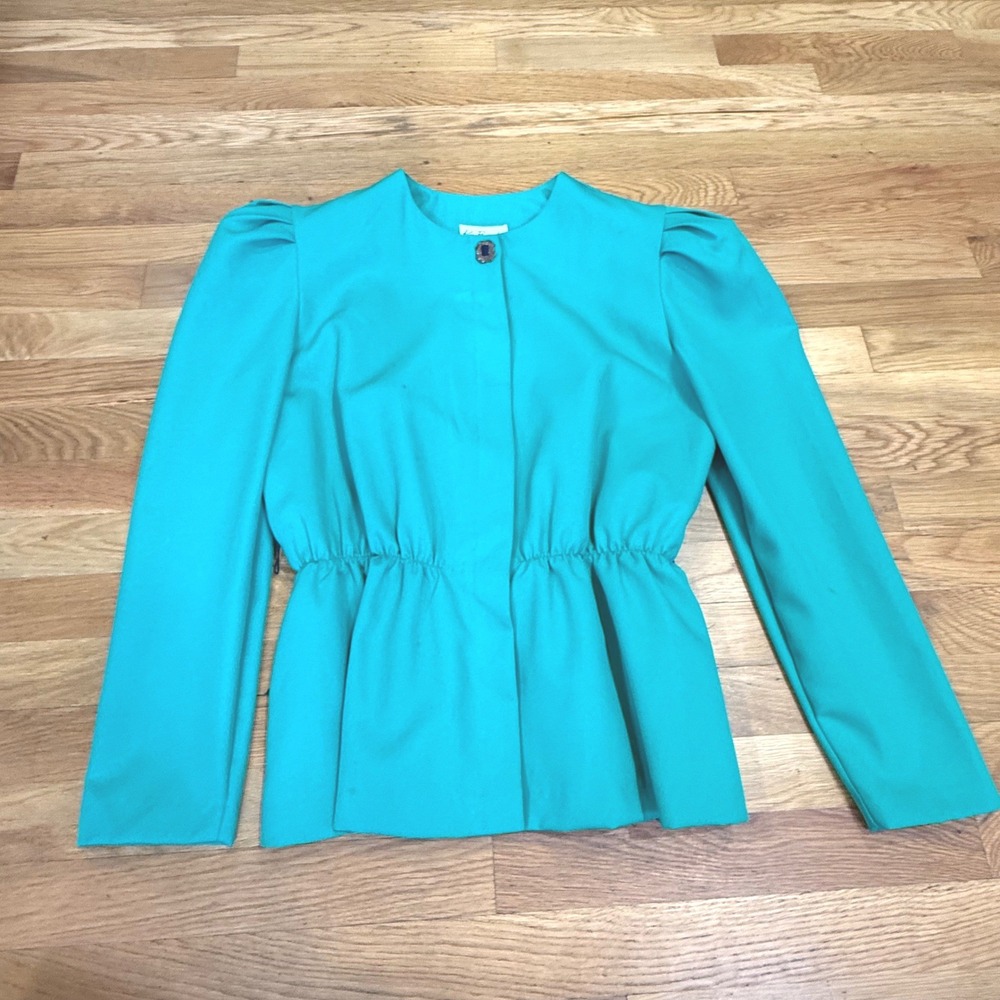 Kay Brandon Vintage Teal Peplum Jacket Puffed Shoulder Single Button Size 10